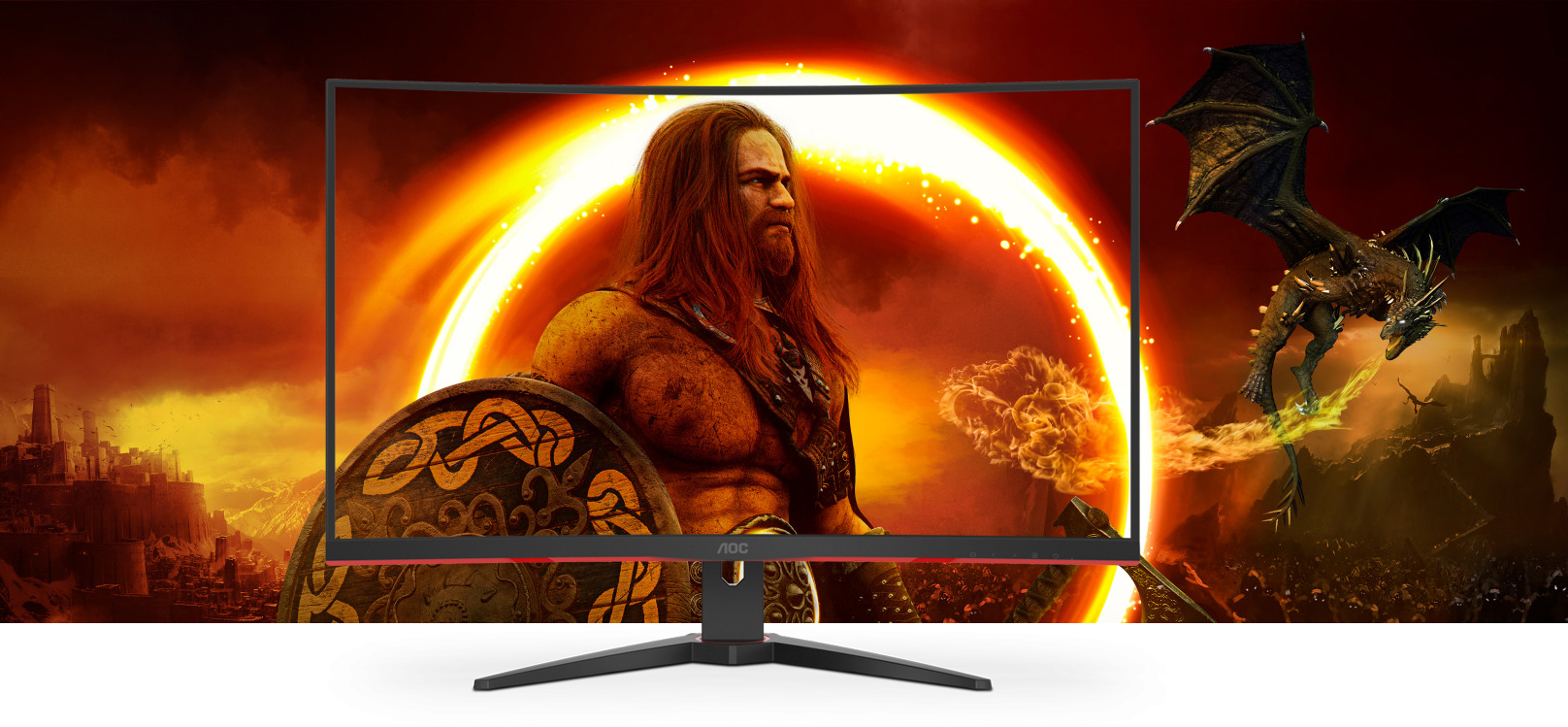 A Gaming Monitor C32G2ZE is against a background of a game scene where a man is looking far away with a shield in his right hand.